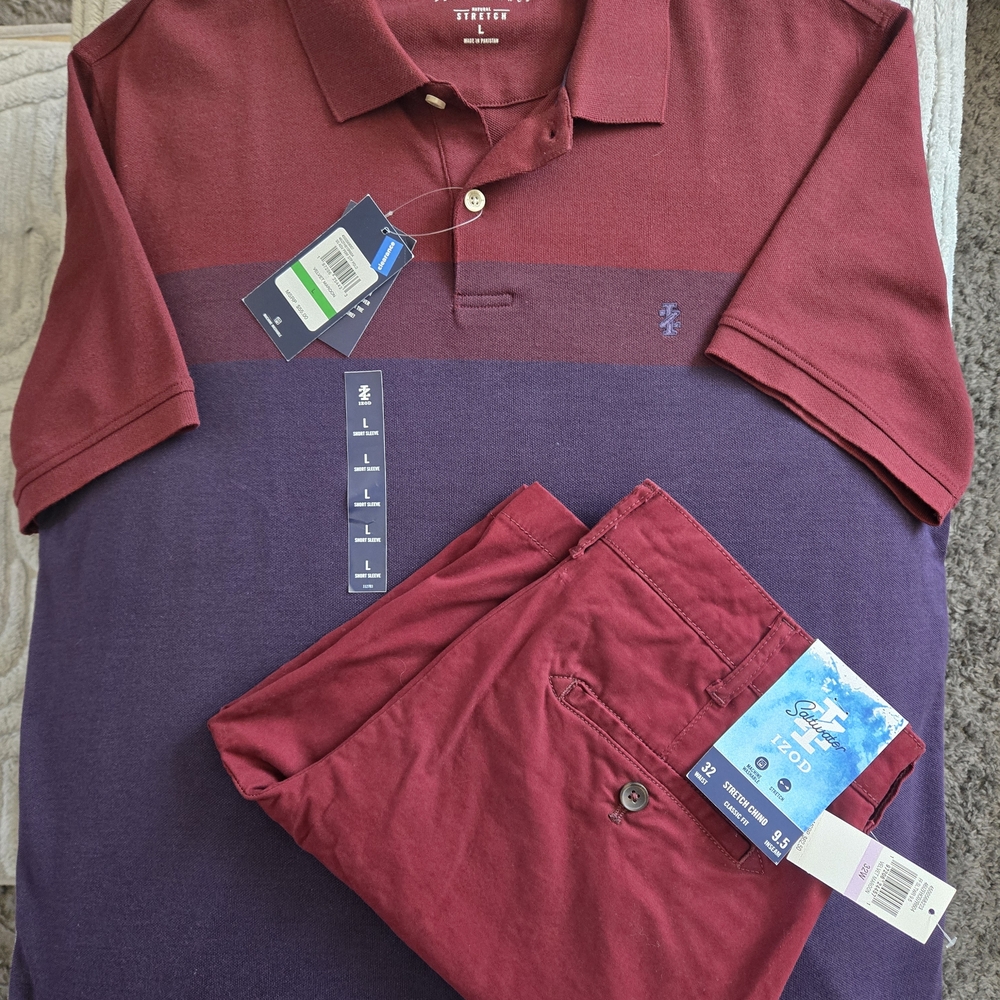 Izod Men's L Burgundy and Purple/Blue Polo Shirt & Burgandy Shorts 32x9.5 NWT - Picture 1 of 4